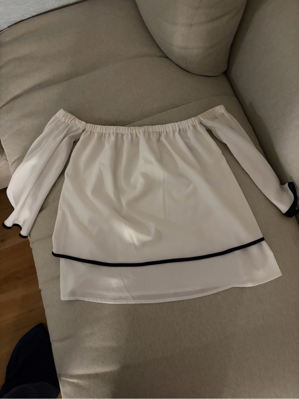 Off-Shoulder White Mini Skirt with Black Trim